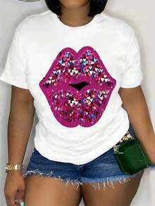 Lip Print T-Shirt, Short Sleeve, Round Neck, Casual Top, Summer And Spring, Women's Clothing, Women's T-Shirts - 白色 - 查看 1