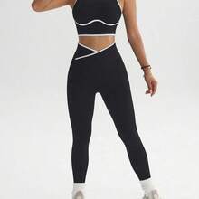 Dewbera Contrast Trim Hollow Back Camisole & Leggings Sports Suit - Marrón - Ver 3