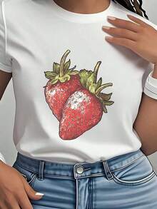 Unisex Casual T-Shirt With Strawberry Print, Bohemian Style, Round Neck, For Summer, Beach, Vacation, Parties, Daily Wear, Machine Washable, Comfortable Fashion Clothing - 白色 - 查看 7