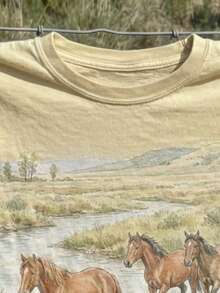 Camiseta de mujer con estampado retro de mustang salvaje de la pradera, paisaje de animales salvajes, adecuada para uso casual al aire libre - Caqui - Ver 4