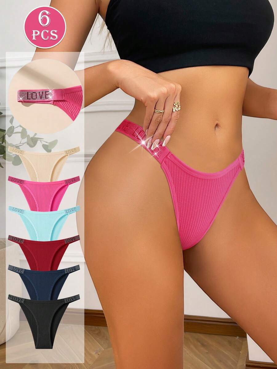 6 Stück Mehrfarbige Kristall LOVE Taillenbund Baumwoll-Slips, sexy minimalistisch bequeme Damen Unterwäsche - Verschiedenfarbig - Übersicht 1