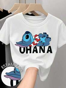 Women's 100% Cotton T-Shirt With Round Neck And Short Sleeves. Original Lilo & Stitch Movie Print. OhanaPure-Cotton - 白色 - 查看 1