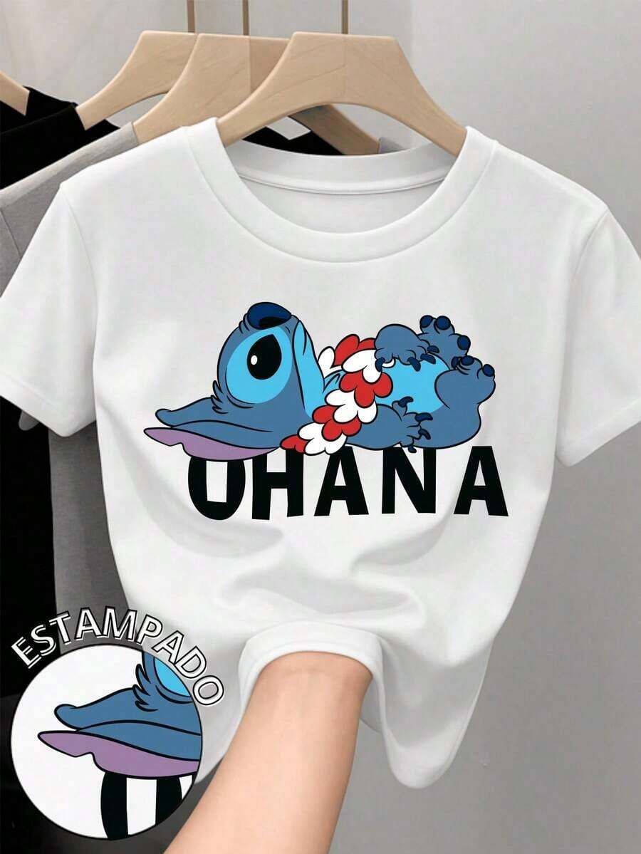 Women's 100% Cotton T-Shirt With Round Neck And Short Sleeves. Original Lilo & Stitch Movie Print. OhanaPure-Cotton - 白色 - 查看 1