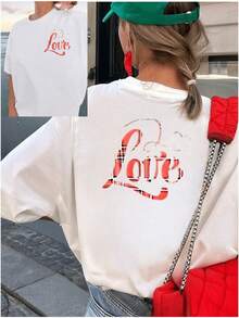 Women's Short-Sleeved T-Shirt, Sweet And Romantic Style, 100% Cotton, Loose Fit, Printed Design On The Front And Back (Small Logo On The Front, "Love" In A Red And Gold Gradient With A Small Heart On The Back). Breathable And Comfortable, Suitable For Dates And Everyday Casual Wear. Adult Women's Short-Sleeved T-Shirt With Letter Print, Ideal For Back-To-School Season, Suitable For Outdoor Activities, Perfect Gift. . - 白色 - 查看 1