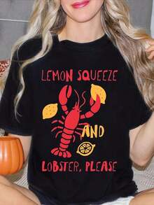 Women's "Lemon Squeeze And Lobster Please" Graphic Print Crew Neck T-Shirt, Summer Casual Wear, Gift For Friends, Suitable For Summer And Autumn Celebrations, Perfect Gift For Patriots And Independence Day. - 黑色 - 查看 1