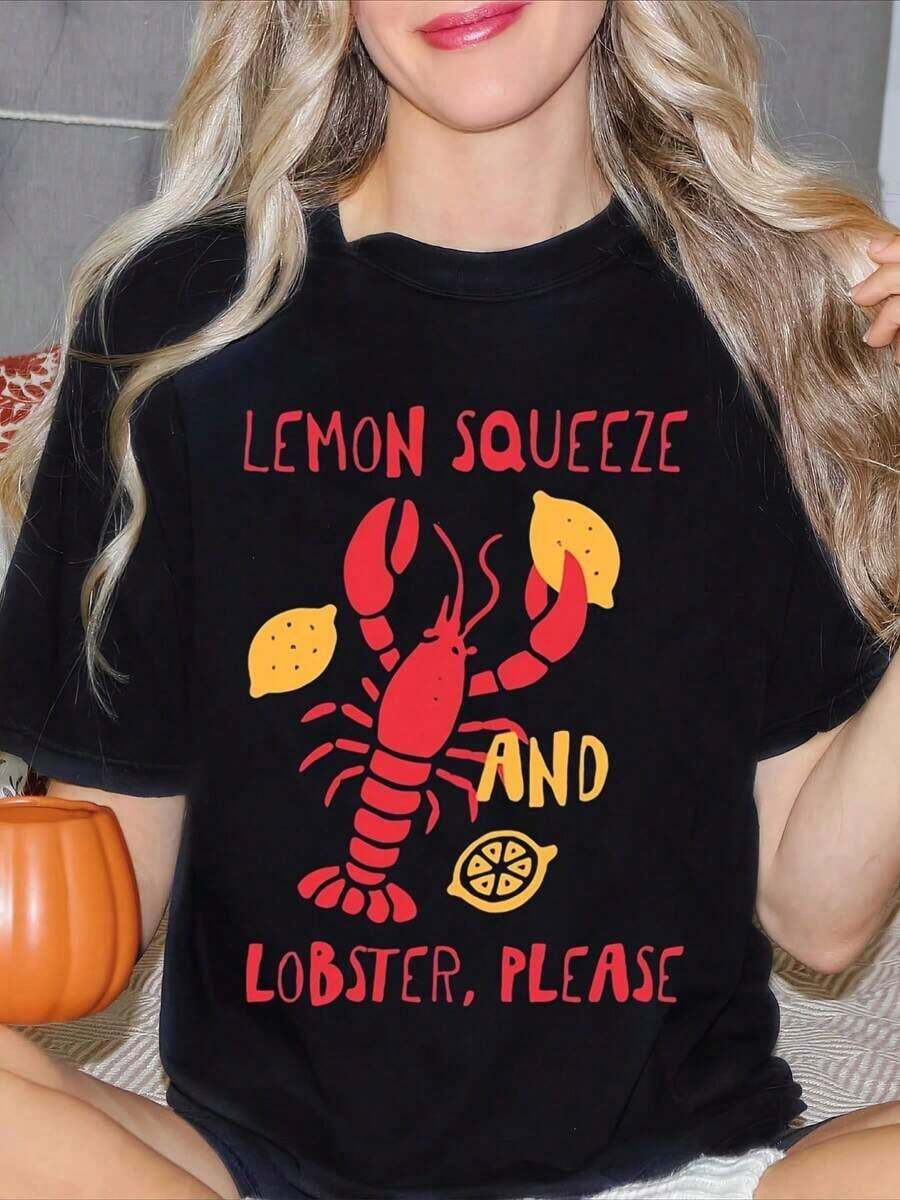 Women's "Lemon Squeeze And Lobster Please" Graphic Print Crew Neck T-Shirt, Summer Casual Wear, Gift For Friends, Suitable For Summer And Autumn Celebrations, Perfect Gift For Patriots And Independence Day. - 黑色 - 查看 1