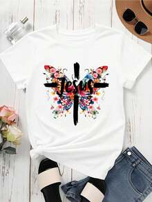 Women's Cotton T-Shirts, Round Neck T-Shirt For Women, Jesus Cross Print, Flowers And Butterflies, Short Sleeve, Casual Summer Top For Daily Wear, Basic Blouses For Women. - 白色 - 查看 2
