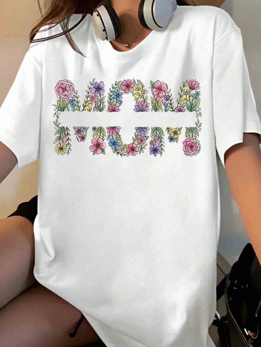 Women's Floral Print "Love You" T-Shirt, Casual Short Sleeve With Headphone Design, Perfect For Everyday Wear And As A Gift Idea, Suitable For Valentine's Day And Spring Season [Ideal For Leisure And Sports Occasions] - 白色 - 查看 1