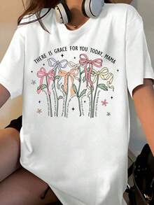There Is Grace For You Today, Inspirational Quote T-Shirt For Mom, Floral Design With Bow, Soft Cotton Casual Top For Women, Mother's Day Gift - 白色 - 查看 7