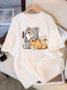 Women's Short-Sleeved T-Shirt, Modern And Minimalist Style - Cute Casual T-Shirt With Cartoon Cat Print, Suitable For All Seasons, Fun Printed T-Shirt For Everyday Wear, Versatile Top, Lightweight Design, Relaxed Fit For Everyday Casual Wear. - 白色 - 查看 1