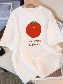 Modern And Minimalist Women's Loose-Fitting T-Shirt With A "We Need A Break!" Print And Tomatoes - Korean Style Short-Sleeved T-Shirt, Bright White With A Red Tomato And  Face Design, Ideal For Everyday Casual Wear In All Seasons. - 白色 - 查看 7