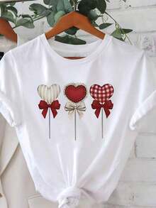 Women's Fashion Casual T-Shirt, Modern And Minimalist Style [Special Holiday Offer] Valentine's Day Gift For Girlfriend, With Retro Romantic Heart And Bow Print, For Spring And Summer - 白色 - 查看 1