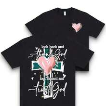 Look At It Again And Thank God, Move Forward And Trust In God. Women's Regular Short Sleeve T-Shirt - Fun Cartoon Letter Print, Crew Neck, Casual Style - Machine Washable, Fashionable Women's Clothing, Breathable And Comfortable. - 黑色雙面 - 查看 6