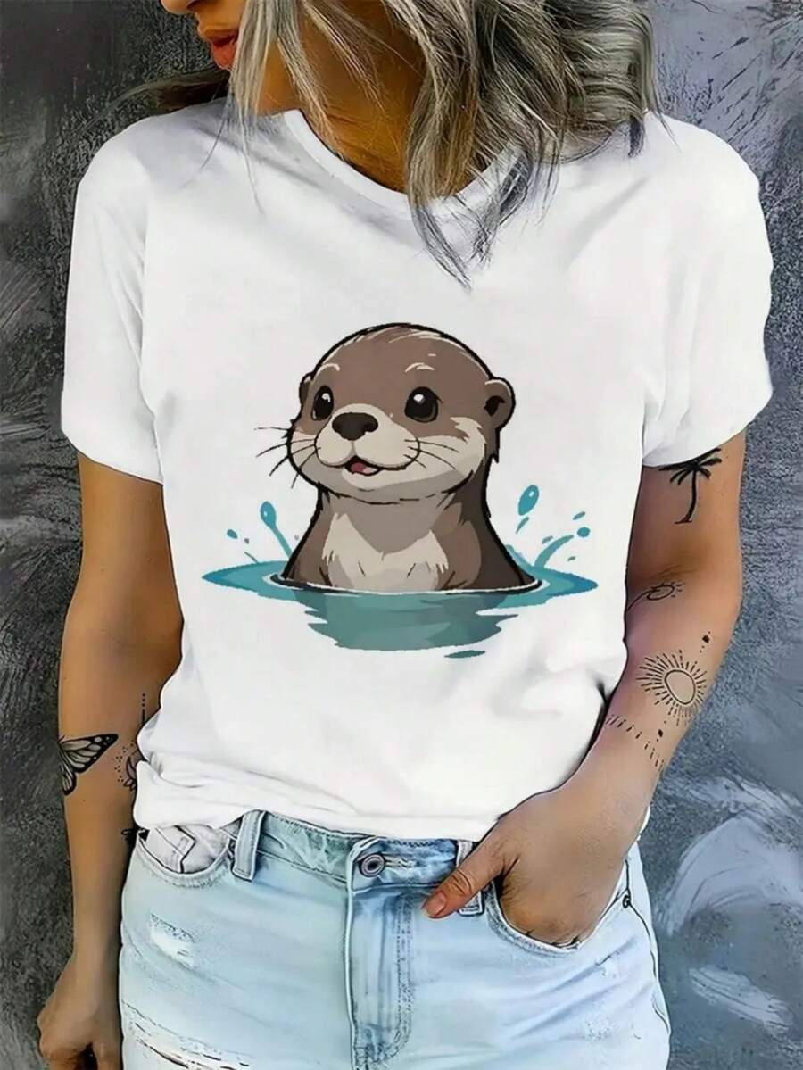 Modern Minimalist White Short-Sleeved T-Shirt With A Cute And Fashionable Design Print, Ideal For Parties And Holidays, Fashionable Clothing For All Seasons, Festive Clothing, Opaque Fabric For Casual Daily Wear. - 白色 - 查看 1