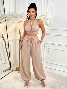 AIJ Conjunto de 2 piezas con volantes y sin elástico sexy para mujer, top de camisola elegante y casual y pantalones de pierna ancha para verano - Caqui - Ver 1