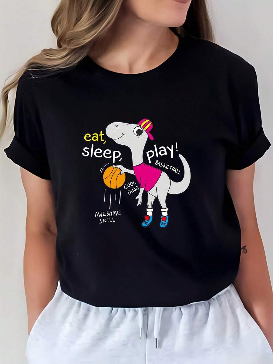 Camiseta Suave para Mujer | Come, duerme, juega baloncesto, camiseta con estampado de dinosaurios | El regalo perfecto para familiares y amigos | Visto en la televisión y una opción popular durante la temporada patriótica. | Cómodo y ajustado, adecuado para hacer ejercicio y para uso casual. - Negro - Ver 1
