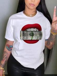 Casual White T-Shirt With Bright Red Lips Print And Rolled Dollar Effect With Silver Glitter On The Mouth, Eye-Catching Top - Vintage Urban Style, Unisex, Cotton, Short Sleeve, Round Neck, Loose Fit - 白色 - 查看 5