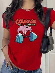 100% Cotton. Brave And Muscular Dog Lifting Weights, Inspiring Strength And Humor In A Fun Cartoon Style. Women's 100% Cotton Simple Solid Color T-Shirt, Loose And Slim Fit Casual Short Sleeve - 紅色的 - 查看 11