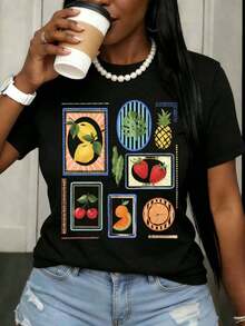 Women's Casual Fruit Print T-Shirt, Summer Casual Top With Pear, Pineapple, Strawberry, Cherry, Watermelon And Orange Design For Daily Wear And Vacation Style. - 黑色 - 查看 7