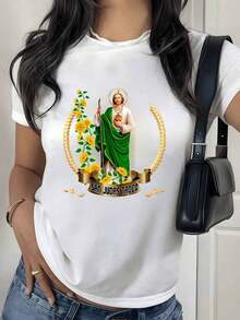100% Cotton. Representation Of Tadeo In Green Attire, A Symbol Of Faith, Hope, And Protection, Surrounded By Golden Sunflowers As An Emblem Of Light And Miracles. Women's 100% Cotton T-Shirt. Women's Simple Solid Color T-Shirt, Loose And Slim Fit Casual Short Sleeve - 白色的 - 查看 8