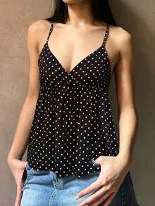 Women's Babydoll Tank Tops Stylish Dot Print Loose Hem V Neck Spaghetti Strap Camisoles - Negro - Ver 2