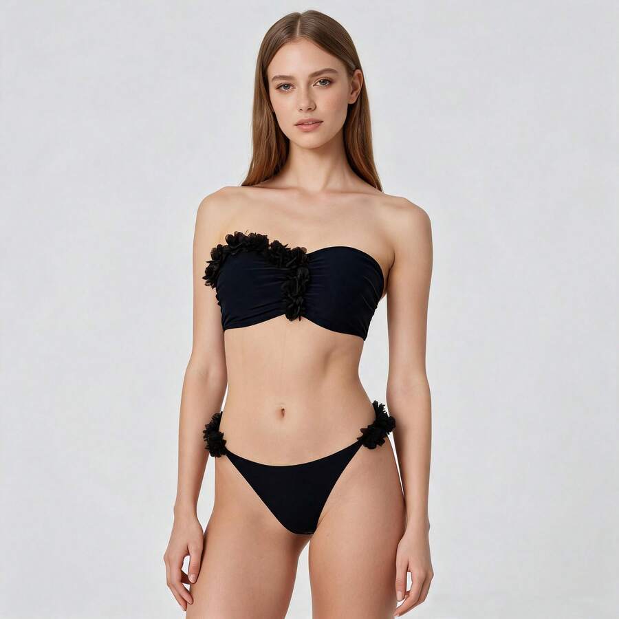 Women's Sexy Red Bikini Swimsuit 2026, Strapless Bandeau Design - Two Piece Beach Set - 黑色 - 查看 1