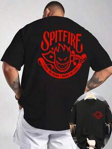 Cute Unisex Premium Casual T-Shirts - SPITFIRE Men's Graphic Tee - Bold "Burns For Life" Flame Design - Contrasting Black And Red - Breathable Everyday T-Shirt - Regular Fit Casual Tee For Parties And Outings - Bold Fire-Themed Clothing, PLUS SIZES, Clothing For Tall And Large Men, Clothing For Big And Tall Men, Tall And Large Men - 黑色 - 查看 2