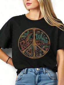 100% Cotton. Women's Oversized Peace And Love Print T-Shirt, Casual Summer Top With Boho Design, Comfortable, Loose Fit, Fashionable Piece, 100% Cotton. Women's Simple Solid Color T-Shirt, Loose And Slim Fit Casual Short Sleeve - 白色的 - 查看 8