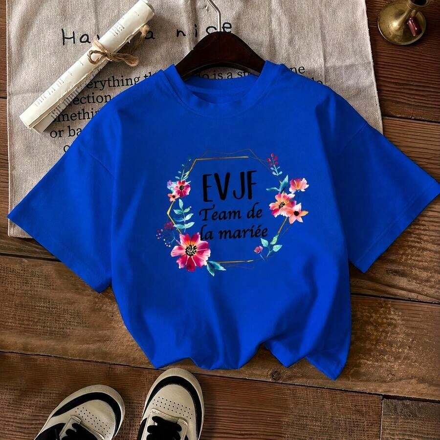 GiftWomen's EVJ Team De La Mariée Casual Round Neck T-Shirt With Floral Print - Green With Colorful Flowers, Short Sleeve, All Seasons Wear, Perfect For Weddings Or Casual Outfits, Soft - 藍色 - 查看 1