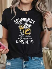 Men's Casual Spring/Summer Crew Neck T-Shirt With A Cartoon Bee Print And The German Phrase "OPTIMISMUS Bedeutet Umgekehrt SUMSI MIT PO". Gift Idea. - 黑色 - 查看 3