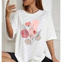 Women's Korean-Style Summer Cotton T-Shirt With Floral, Heart, And Abstract Prints. This Short-Sleeved, Crew-Neck T-Shirt Features A Letter Print, A Relaxed Fit, And Is Casual And Versatile, Perfect For Everyday Wear, The Beach, Parties, And Vacations. - 白色 - 查看 4