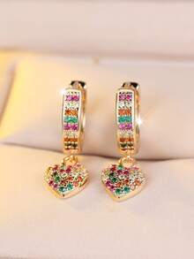 Vanel 1 par de pendientes de moda con colgante dorado, diseño de colgante de corazón de cubo arcoíris, joyería de moda romántica para uso diario - Amarillo dorado-multicolor - Ver 2