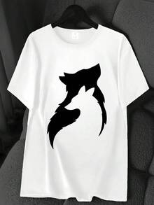 Wolf Print T-Shirt. Available In 6 Colors, Short Sleeves, Round Neck, High Elasticity, Casual Sports Top. Machine Washable. Suitable For Spring And Summer. Can Be Worn In All Seasons. Women's Clothing. Elegant Party Outfit, T-Shirt For Elegant Ladies, Blouses Suitable For Curvy Women, Casual Wear, Cool And Sweat-Free Summer Wear, Fun Letter Print. - 白色 - 查看 1