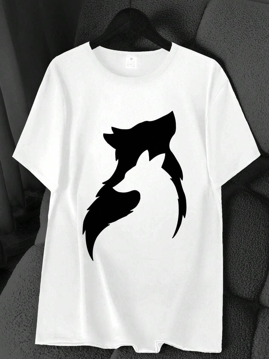Wolf Print T-Shirt. Available In 6 Colors, Short Sleeves, Round Neck, High Elasticity, Casual Sports Top. Machine Washable. Suitable For Spring And Summer. Can Be Worn In All Seasons. Women's Clothing. Elegant Party Outfit, T-Shirt For Elegant Ladies, Blouses Suitable For Curvy Women, Casual Wear, Cool And Sweat-Free Summer Wear, Fun Letter Print. - 白色 - 查看 1