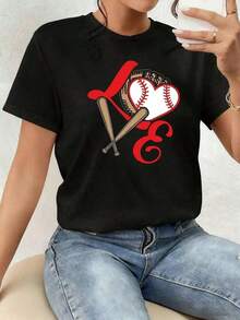 The Print Features A Heart With A Baseball Texture, Embraced By A Glove And Two Crossed Bats, Symbolizing The Love Of The Sport, Passion, And Team Unity. Women's T-Shirt, 100% Cotton, Comfortable For Everyday Wear, Modern And Soft. Pure-Cotton - 黑色 - 查看 1