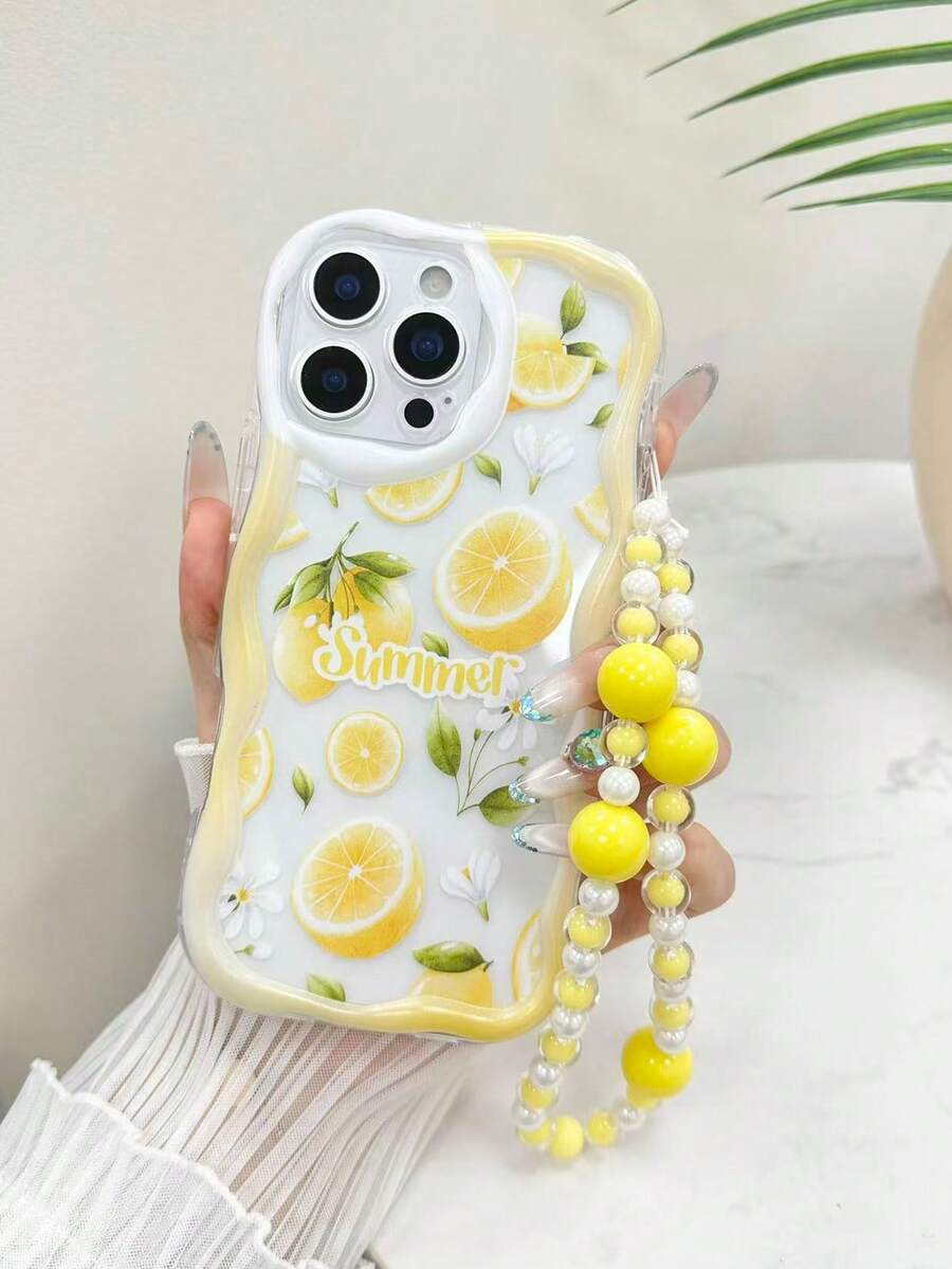 柠檬花彩绘奶油色波浪边链条挂绳简约防摔加厚手机保护壳，印花图案，兼容 17/17Pro/17ProMax、16 XR/7/8、15 ProMax、12 ProMax、13 ProMax、14 ProMax、13、14、11、12P、14、P11软壳、P12防摔、XS、XR、7/8P、7/8GES2，适用于A13 4G、A22、A21S、A51 4G、A52、S22 Ultra、A33 5G、A34、A35，适用于Redmi 10、Note 11 4G、11 Lite、A53 TPU、A14、A23、S23 Ultra、S24、A14、A15、S23。 A73、A55、A54 手机壳