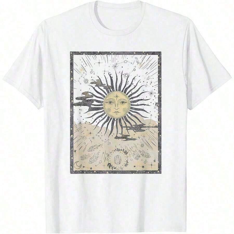 Vintage T-Shirt With California Golden Poppy Floral Print For All Seasons, Short Sleeve Crew Neck T-Shirt, One-Sided Print, 100% Cotton, Unisex, Women's Basic Garment, Summer Clothing - 白色 - 查看 1