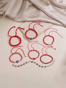 6-7pcs/Set Evil Eye Red Braided Bracelet Set, Adjustable Protection Rope Bracelet With Beads And Faux Pearls, Stackable Good Luck Jewelry For Women - Multicolor - View 3