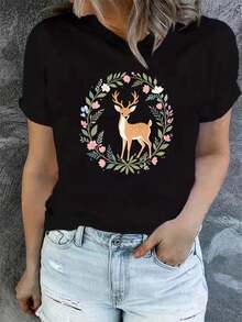 Mexican Art Printed Short Sleeve T-Shirts For Women, Summer, Modern And Casual, Machine Washable, Comfortable Fit, 2D Flat Print, Cotton T-Shirt For Coordinated Family - 黑色10 - 查看 12