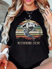 Women's Short-Sleeved T-Shirt, Vintage Style With "Eternal History" Print, Casual Black Round Neck T-Shirt, Elastic, Machine Washable, Suitable For Sports And Leisure In Spring/Summer/Autumn. - 黑色 - 查看 1