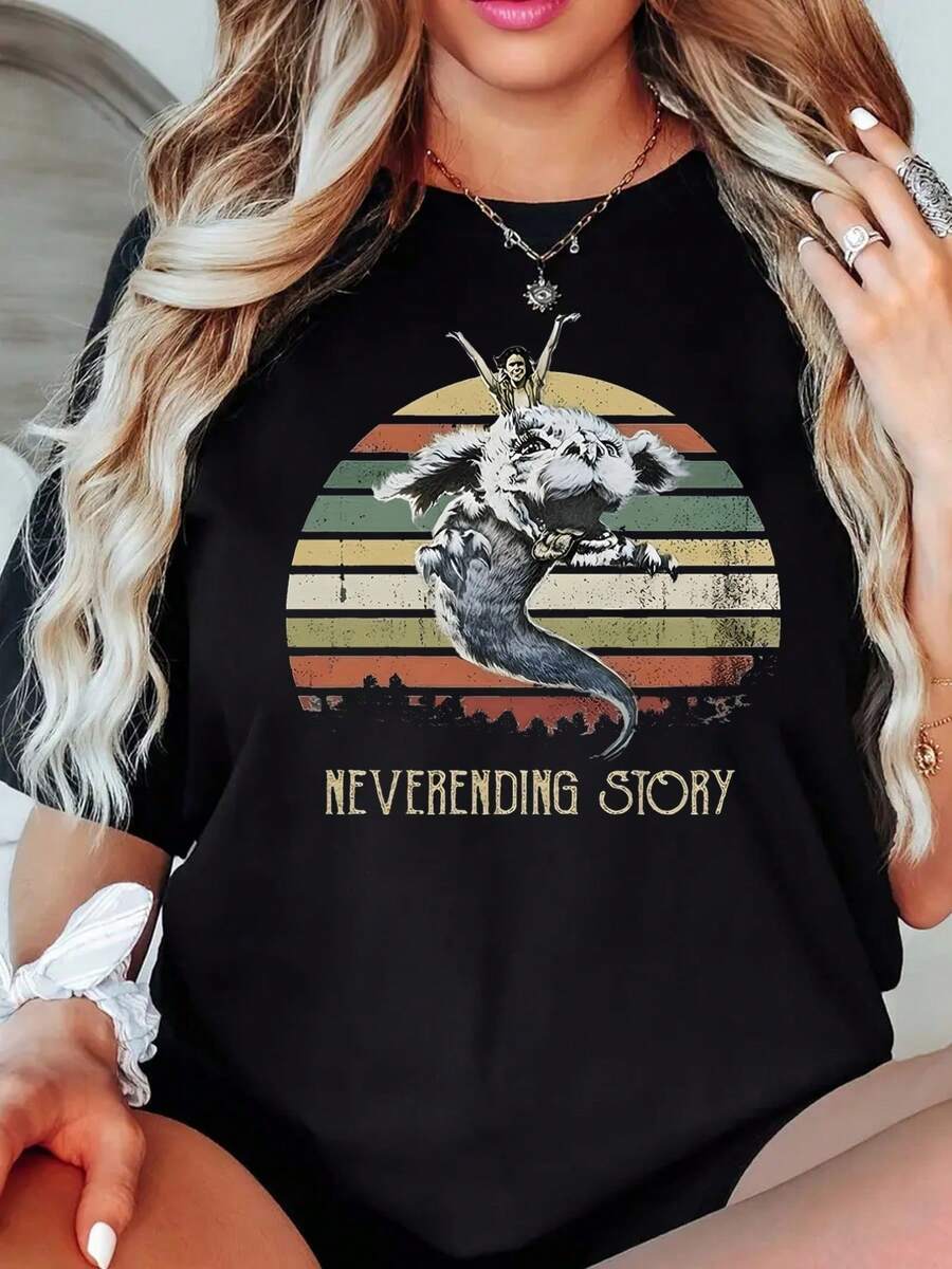 Women's Short-Sleeved T-Shirt, Vintage Style With "Eternal History" Print, Casual Black Round Neck T-Shirt, Elastic, Machine Washable, Suitable For Sports And Leisure In Spring/Summer/Autumn. - 黑色 - 查看 1