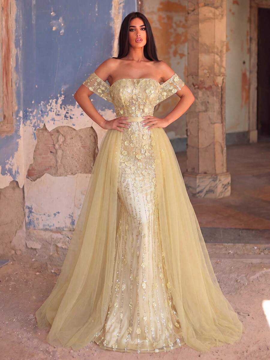 Faeriesty Váy dạ hội đuôi cá dài trễ vai đính kim sa vàng phong cách lãng mạn thanh lịch, tay dài thường, chi tiết đính hạt cho tiệc - Rượu sâm banh - Xem 1