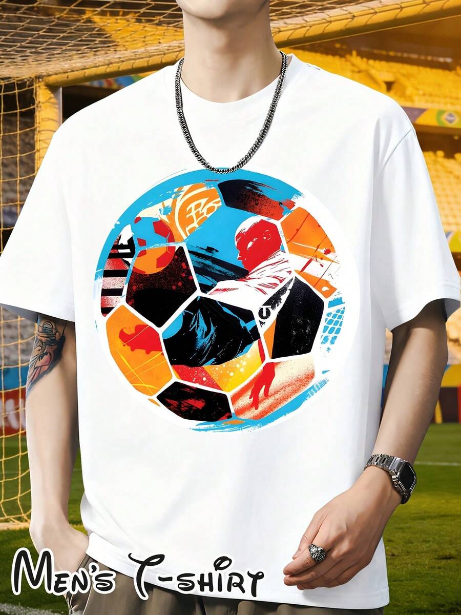 [Popular Licensed Design] Short-Sleeved T-Shirt With "Color Block Mosaic Style" Print, Artistic And Fashionable Outfit, Perfect For Casual Dinners And Sightseeing Walks, Football Collage Art Style, Suitable For Art Exhibitions, Casual Daily Wear, Student Outings And As A Gift For Football Art Fans. - 白色 - 查看 1