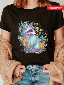 100% Algodón Premium 180g : T-shirt Y2K con estampado floral de mapache en colores vibrantes destaca en tu guardarropa moderno ideal para amantes de la moda mexicana y el estilo único y divertido que busca resaltar tu personalidad. Perfecta para cualquier ocasión y hecha con materiales de alta calidad.. Ropa de Moda Casual Suave y Transpirable para Diario - Negro - Ver 1