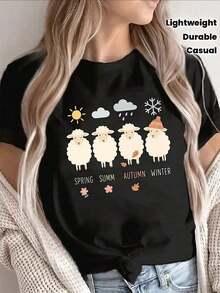 Women's Fashion T-Shirt, 100% Cotton, With Mexican Flag, Lightweight And Durable, Short Sleeve, With A Cute Sheep Design, Suitable For All Seasons, Perfect For Home, Office, Or Outdoor Leisure, With Soft Prints Representing Spring, Summer, Autumn, And Winter. Women's Printed T-Shirt, Summer Clothing - Vintage Urban Style, Unisex, Loose Fit, Cotton, Short Sleeve, Crew Neck - 黑色 - 查看 9