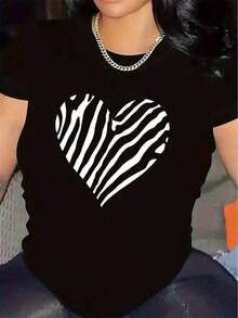 Plus Size Women's Fashion T-Shirt, Heart Design With Zebra Print, Short Sleeve, Durable Polyester Fabric, Perfect For Casual Wear In The Dining Room Or Living Room, Comfortable And Stylish Top, Ideal Gift For Fashion Lovers - 黑色 - 查看 6