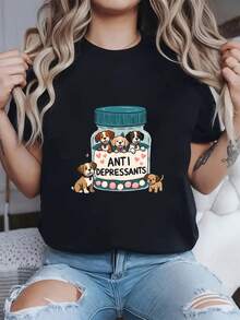 Women's T-Shirt With "Dogs Are The Real Antidepressants" Print - Cute T-Shirt For Dog Lovers With Letter Print, Short Sleeves And Round Neck, Casual Blouse Suitable For Spring And Summer, Machine Washable For Everyday Wear. Women's Casual Printed T-Shirt, Short Sleeves And Round Neck, Local Urban Fashion For Spring/Summer. - 黑色 - 查看 1