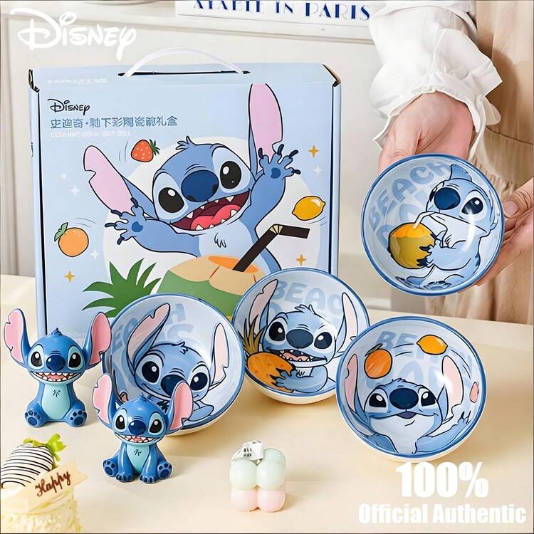 Disney Official Authentic Stitch Ceramic Rice Bowl Cartoon Cute Tableware Set High Beauty Gift Box Home Soup Bowl Gift Box Stitch Siya 4.5 "Jiahe Rice Bowl 4 Styles Mixed Collection - Gift Box Set - Multicolor - View 1