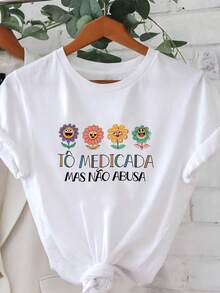 Women's T-Shirt With Letter Print "I'm Taking Medication But Don't Pressure Yourself", Short Sleeve, Round Neck, Casual Style For Summer And Spring, Women's Clothing, Casual Printed T-Shirt, Short Sleeve And Round Neck, Local Urban Spring/Summer Fashion. - 白色 - 查看 7
