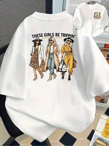 | Exquisite Design | Loose And Comfortable | Easy To Match | Short-Sleeved Printed T-Shirt With Front And Back Designs - Fashionable For Girls, Travel Style - Women's Printed T-Shirt For Spring/Summer, Fashionable Item, Versatile And Casual. - 白色 - 查看 1